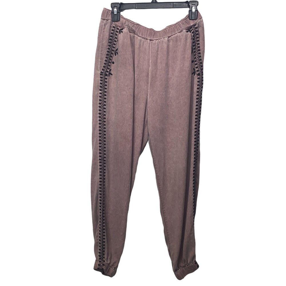 Wonderly Pull On Jogger Style Pants Womens Size M Boho Purple Black Embroidered